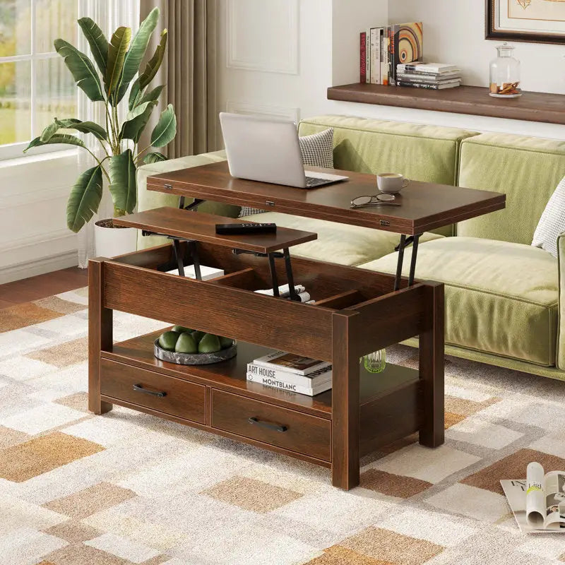 Lift-top coffee table with hidden storage solutions in dark wood finish and drawers