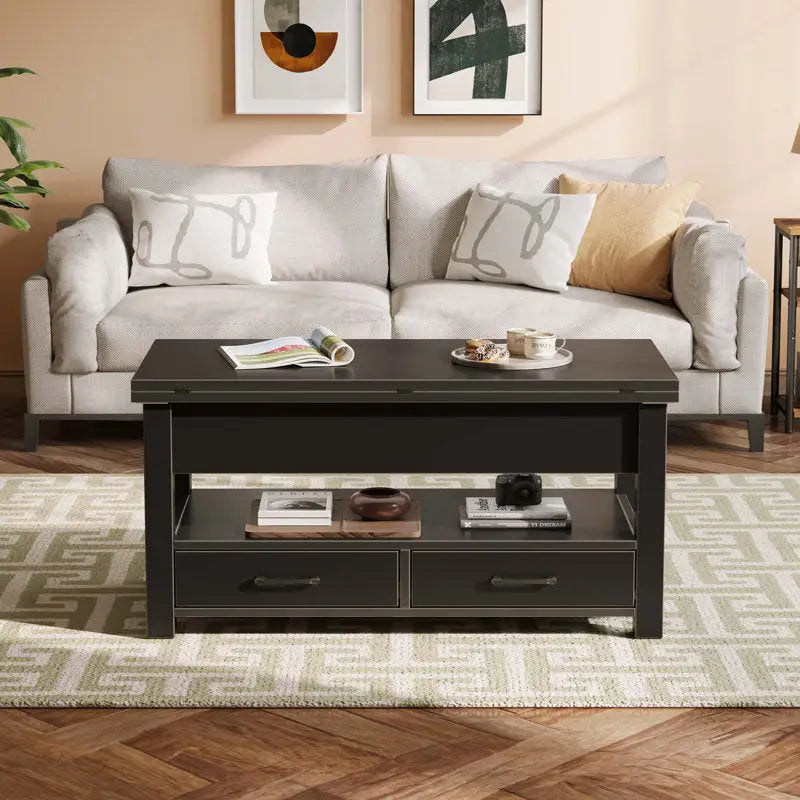 Black wooden coffee table with hidden storage solutions and two drawers for organization