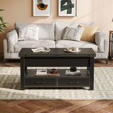 Black wooden coffee table with hidden storage solutions and two drawers for organization