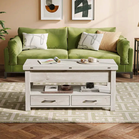 White wooden coffee table with drawers and shelf for hidden storage solutions