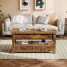 Rustic wooden coffee table with hidden storage solutions and two drawers