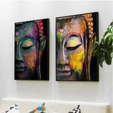 Colorful Buddha Wall Art Canvas featuring vibrant abstract designs in purple, yellow, orange