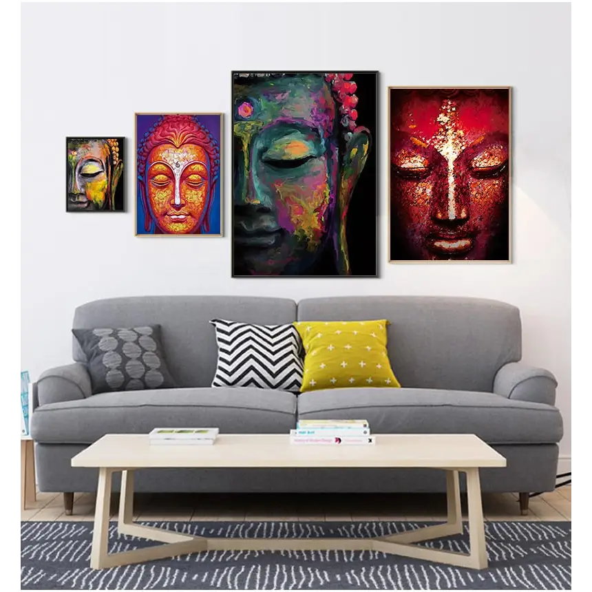 Colorful Buddha wall art canvas paintings above a grey sofa in a modern living room