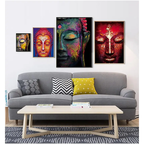 Colorful Buddha wall art canvas paintings above a grey sofa in a modern living room