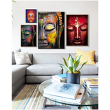 Colorful Buddha Wall Art Canvas Painting displayed in a vibrant gallery arrangement