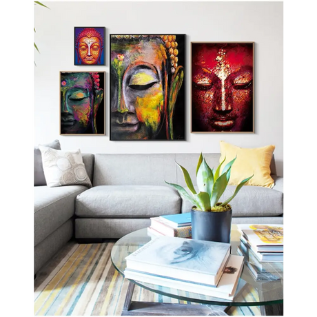 Colorful Buddha Wall Art Canvas Painting displayed in a vibrant gallery arrangement