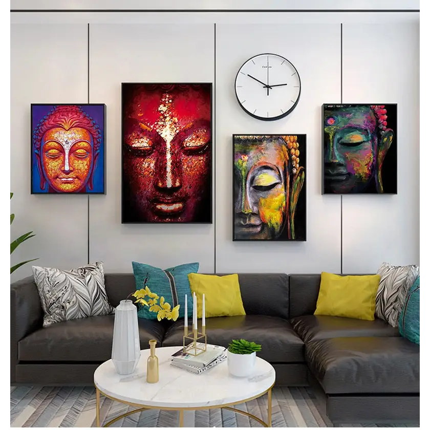 Modern living room with colorful Buddha wall art canvas above grey sectional sofa