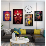 Modern living room with colorful Buddha wall art canvas above grey sectional sofa