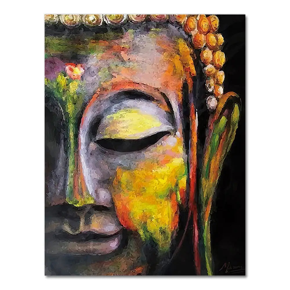 Colorful Buddha wall art canvas painting featuring vibrant yellows, oranges, and purples