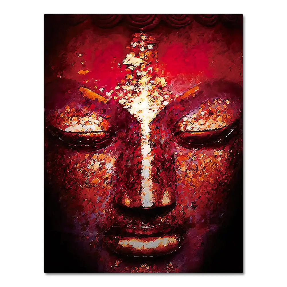 Serene Buddha face in crimson and white tones for colorful Buddha wall art canvas