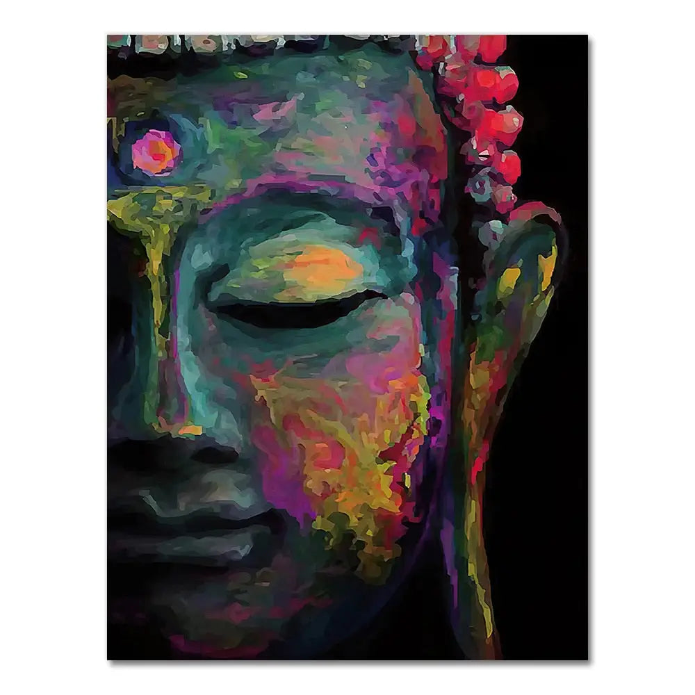 Colorful Buddha wall art canvas painting featuring vibrant purples and greens