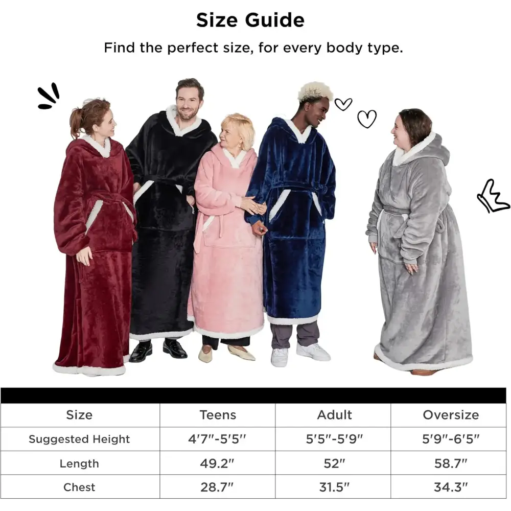 Size guide chart for Cozy Charcoal Gray Wearable Blanket Hoodie with Sherpa Lining