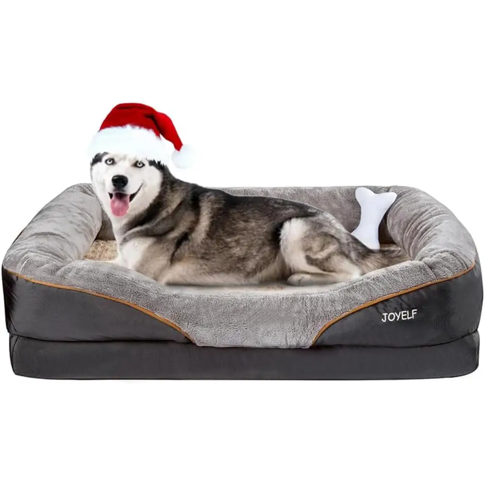 Happy Husky in a Santa hat relaxing on a Cozy Christmas Orthopedic Dog Bed