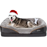 Happy Husky in a Santa hat relaxing on a Cozy Christmas Orthopedic Dog Bed