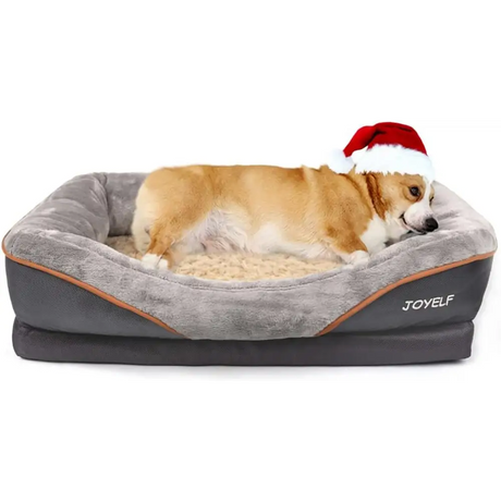 Dog sleeping in cozy orthopedic dog bed with Santa hat for festive comfort