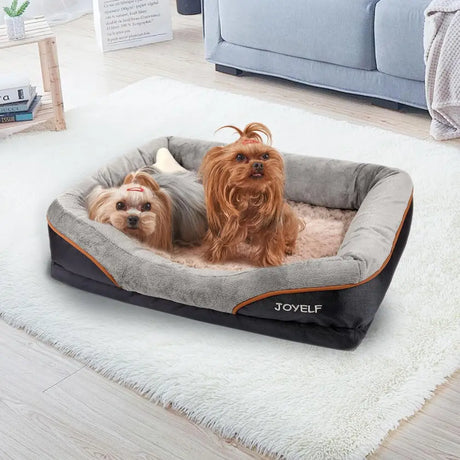 Cozy Christmas Orthopedic Dog Bed with memory foam and two resting Yorkshire Terriers