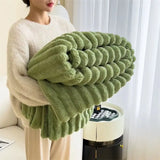 Cozy Faux Rabbit Fur Ribbed Blanket in Cream with soft sage green wave texture