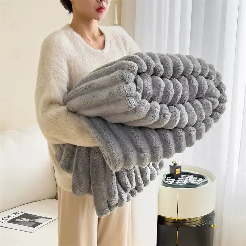 Cozy Faux Rabbit Fur Ribbed Blanket in Cream with soft grey ribbed texture