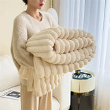 Cozy Faux Rabbit Fur Ribbed Blanket in Cream with plush ribbed texture