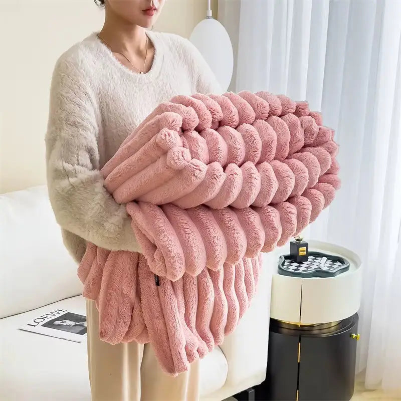 Cozy Faux Rabbit Fur Ribbed Blanket in Cream with soft pink plush wave texture