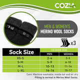 Black Cozy Merino Wool socks with size chart for men’s and women’s options