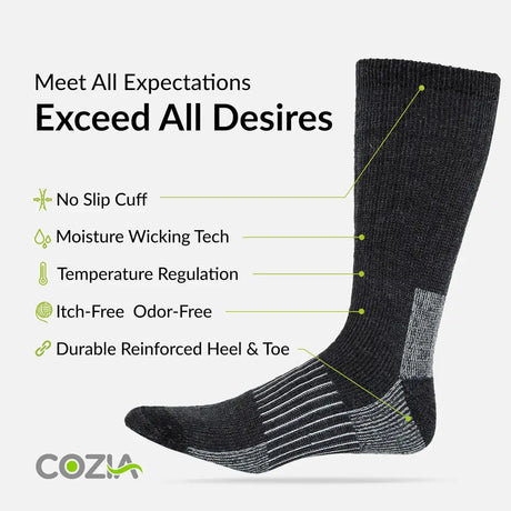 Black athletic sock with performance features and Cozy Merino Wool design highlighted