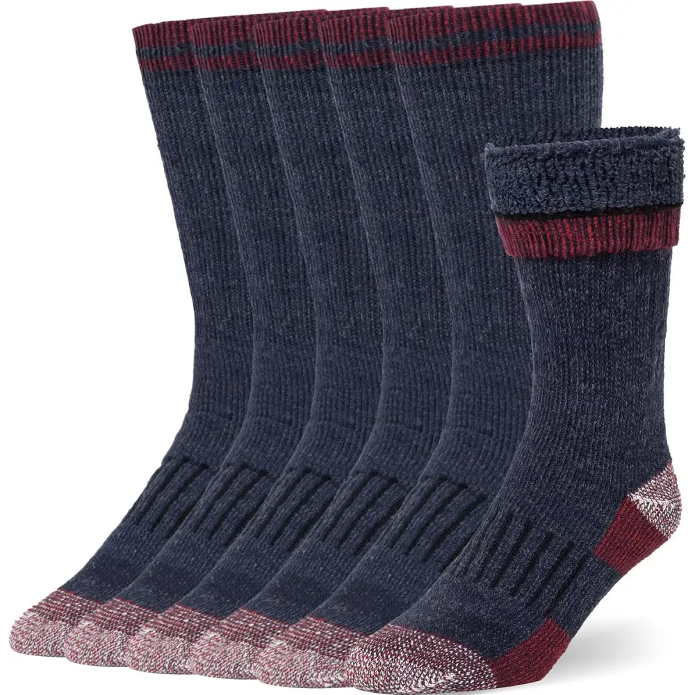 Navy blue cozy merino wool crew socks with burgundy accents at the top and toe