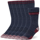 Navy blue cozy merino wool crew socks with burgundy accents at the top and toe