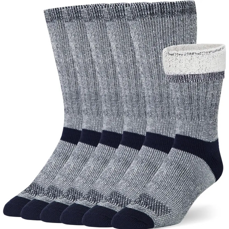 Six pairs of cozy merino wool athletic crew socks in gray and navy blue