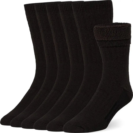 Seven pairs of cozy merino wool black crew socks arranged in a row