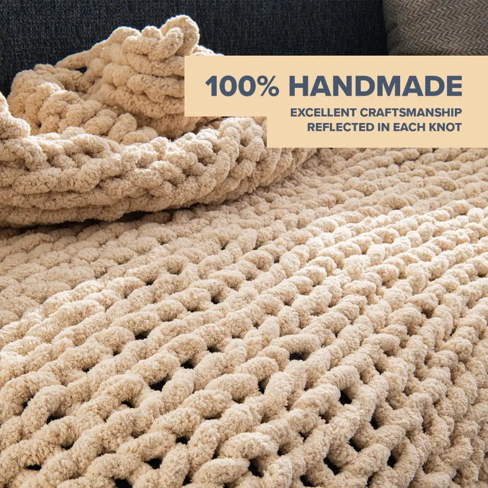 Chunky knit blanket in beige with textured knots, made from soft chenille yarn