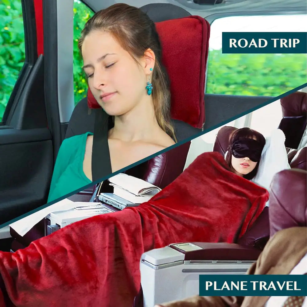 Split-screen of passengers sleeping with Cozy Red Fleece Travel Blanket and Hand Warmer Pouches