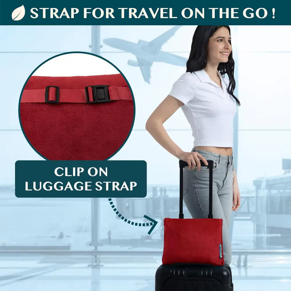 Red clip-on luggage strap designed for attaching bags to rolling suitcases with travel blanket