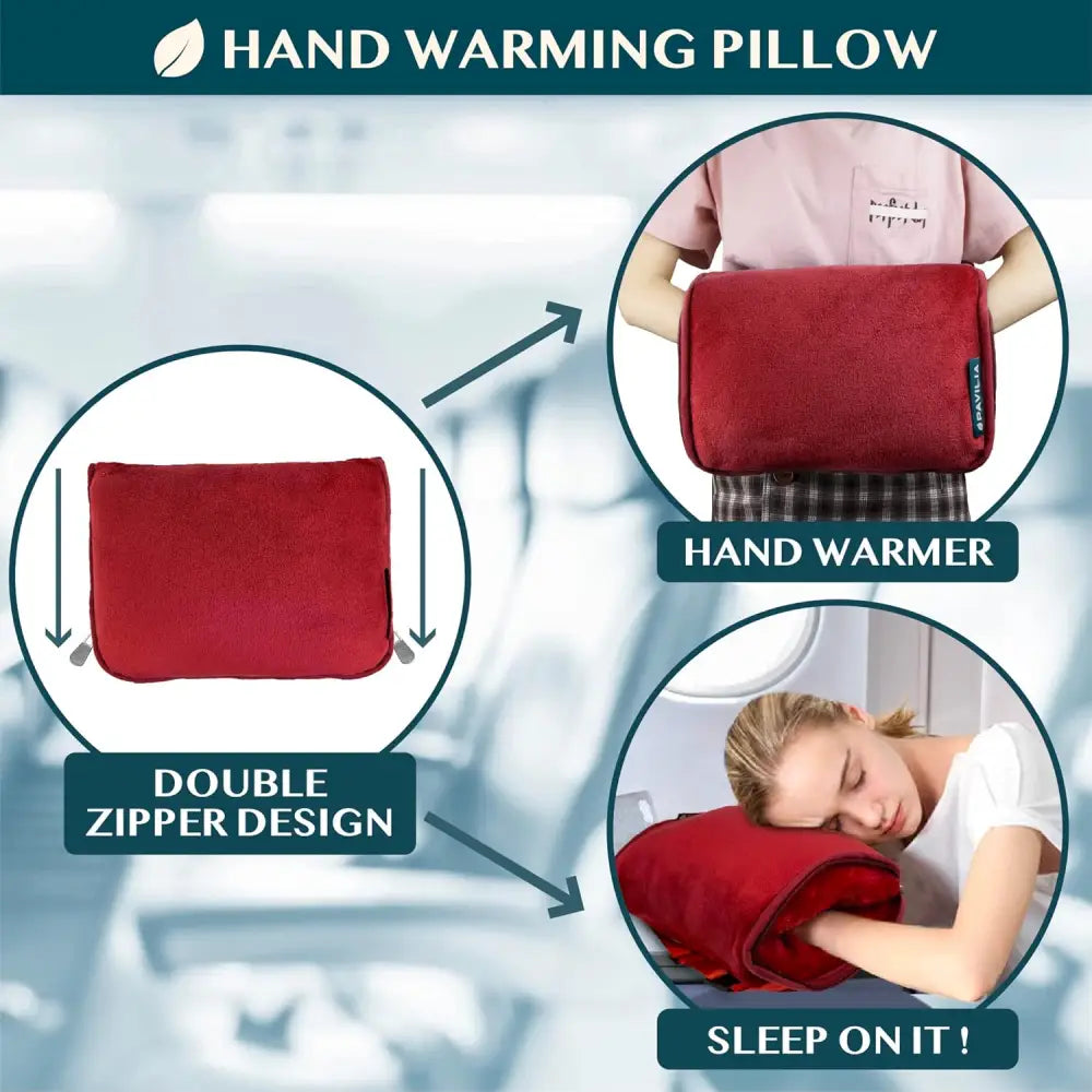 Cozy Red Fleece Travel Blanket with Hand Warmer Pouches and double zipper pillow design