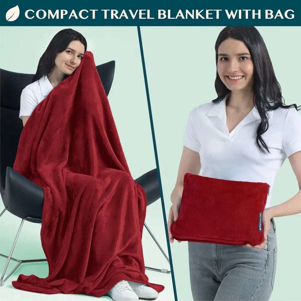 Cozy Red Fleece Travel Blanket with Hand Warmer Pouches, compact travel blanket pillow