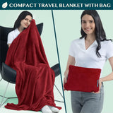 Cozy Red Fleece Travel Blanket with Hand Warmer Pouches, compact travel blanket pillow