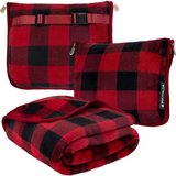 Red and black buffalo plaid fleece travel blanket with matching hand warmer pouches