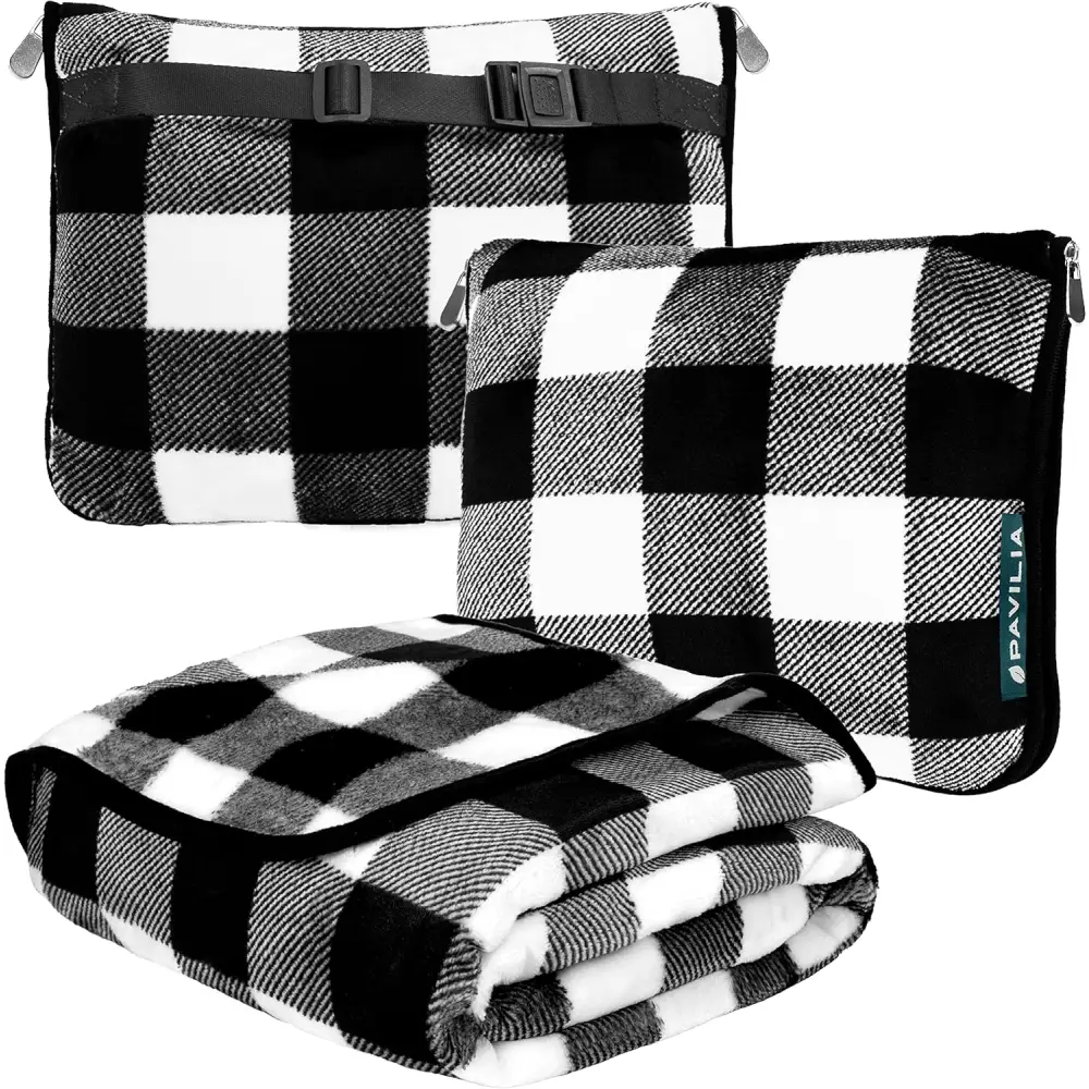 Cozy Red Fleece Travel Blanket with matching black and white plaid storage pouches