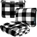 Cozy Red Fleece Travel Blanket with matching black and white plaid storage pouches