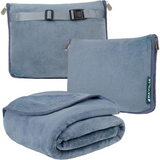 Soft gray travel blanket with matching storage pouches for ultimate comfort and convenience