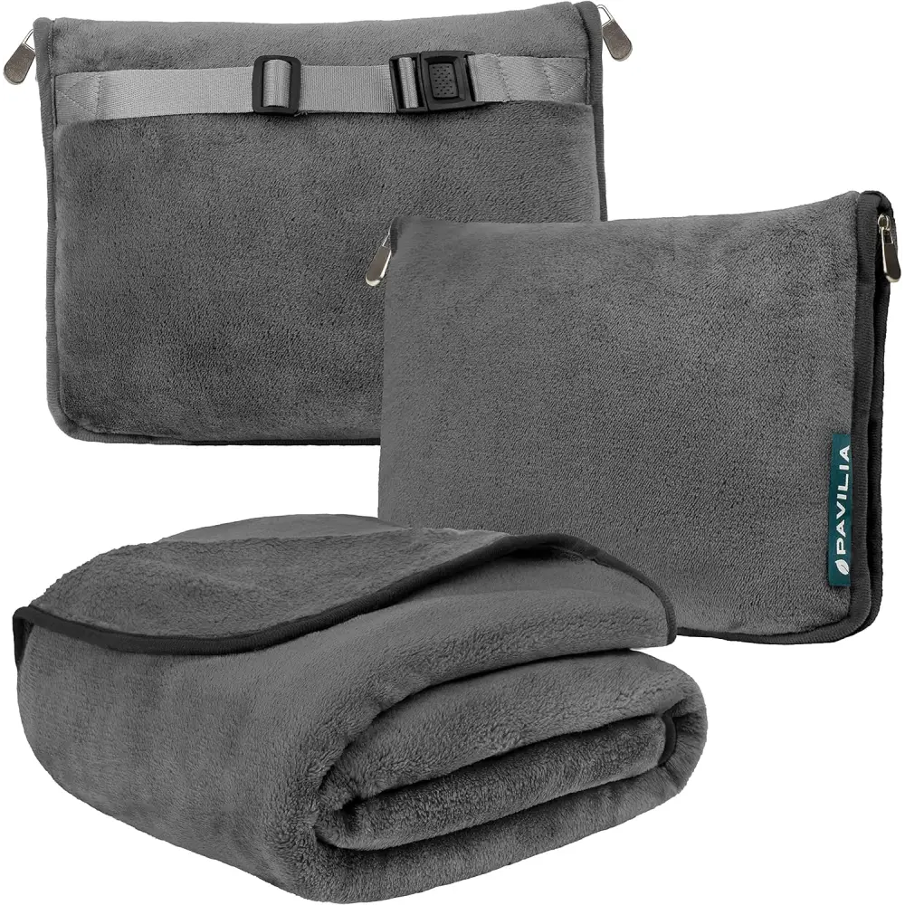 Gray fleece travel blanket with storage pouches and buckle strap for comfort on-the-go