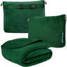 Forest green travel blanket with matching storage pouches for cozy travel comfort