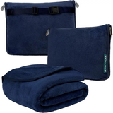 Navy blue travel blanket with matching storage pouches for ultimate comfort