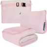 Pink fleece travel blanket with matching storage pouch for cozy warmth on the go