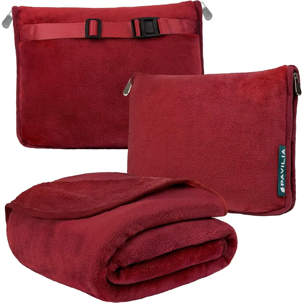 Cozy Red Fleece Travel Blanket with matching hand warmer pouches for ultimate comfort