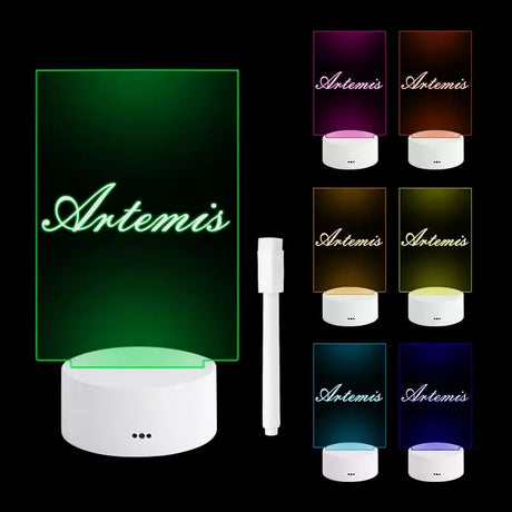 LED acrylic sign displaying Artemis in various colors, perfect for creative LED message board night light