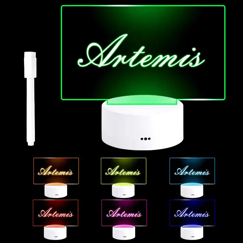 Colorful LED light display base with Artemis text on a Creative LED Message Board night light