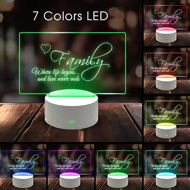 LED Message Board Night Light with Family Text and 7 Color Options on Stand