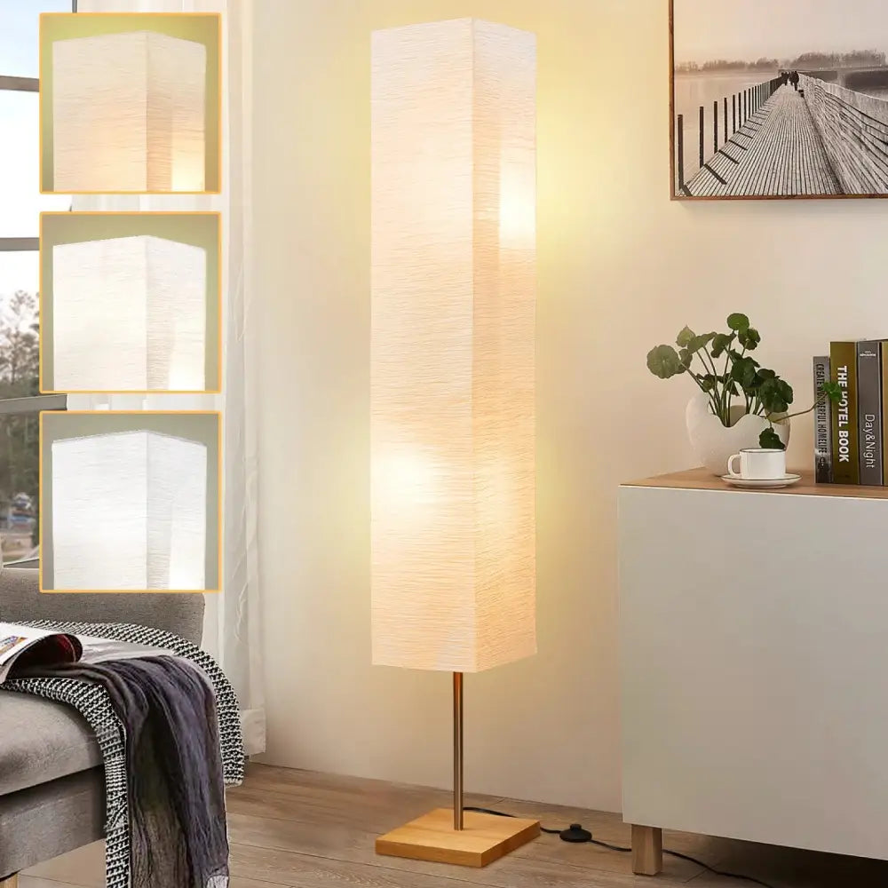 Dimmable LED Floor Lamp with Wooden Base and White Fabric Shade for stylish lighting