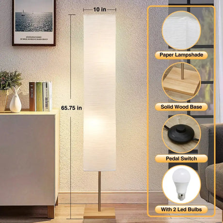 Modern Dimmable LED Floor Lamp with Wooden Base and White Shade for stylish lighting